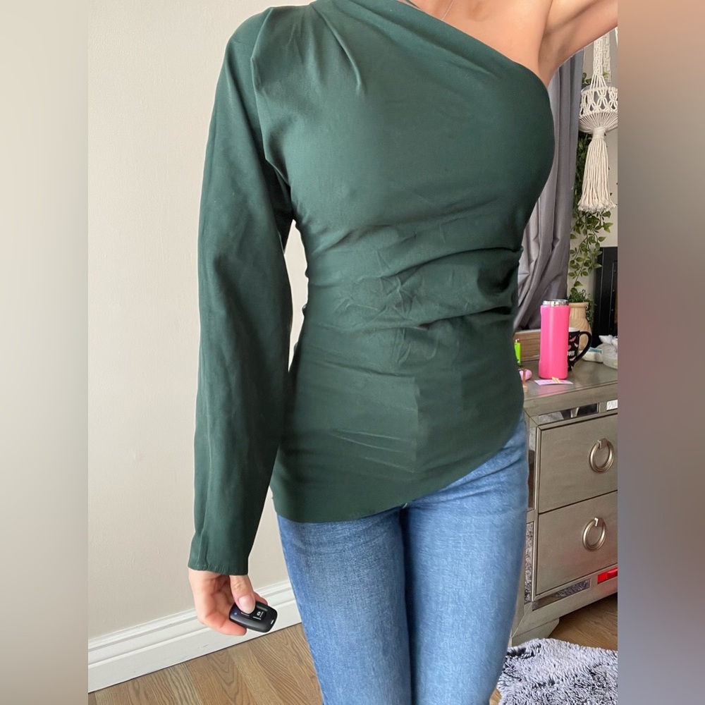 Zara One-Shoulder Dark Green Long Sleeve Top
